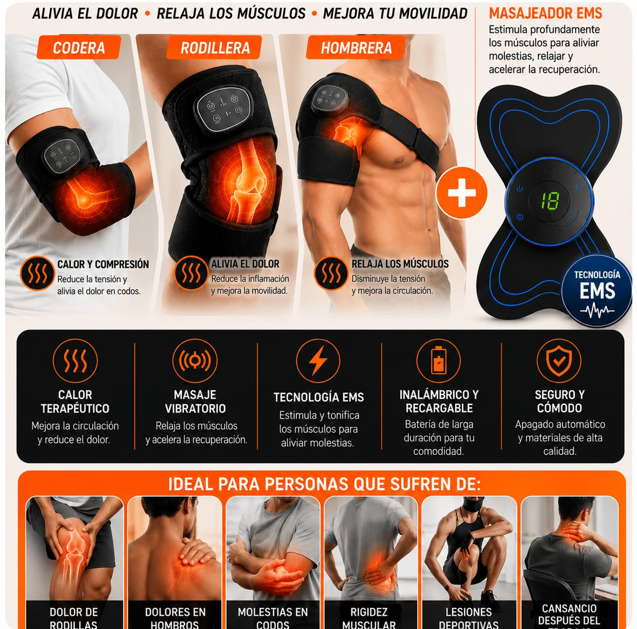 Alivia el Dolor en Rodillas, Hombros y Codos | Faja Térmica 3 en 1 + Masajeador EMS GRATIS 🔥(45% OFF)